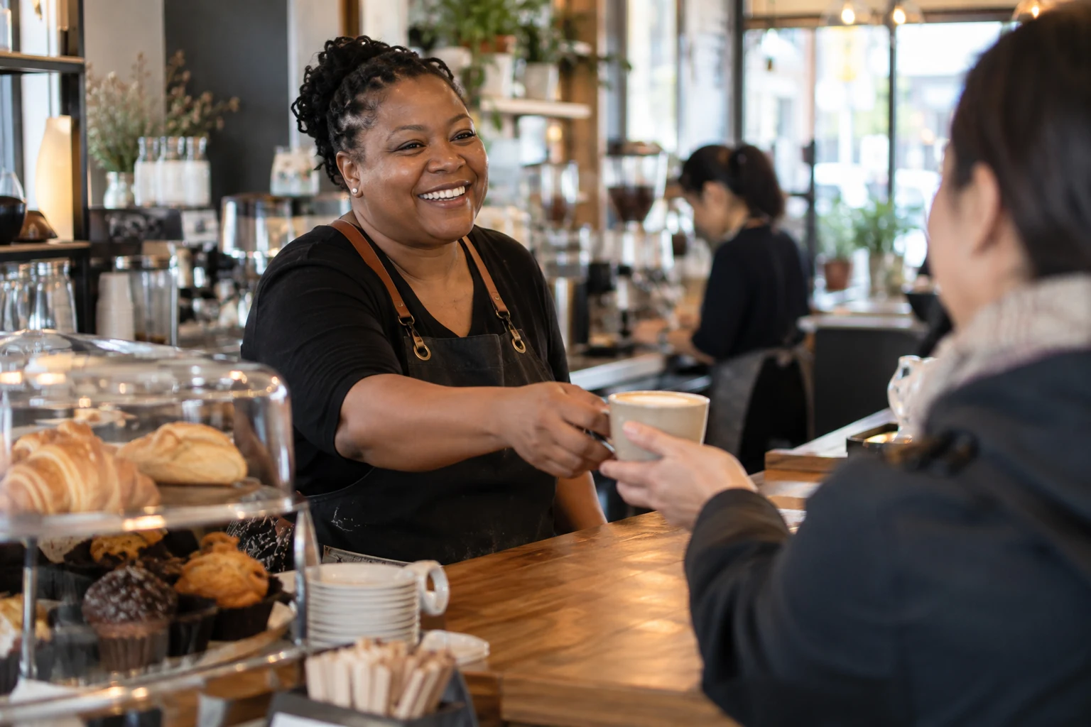 Experienced café owner serving a customer while her accounting work is handled in the background