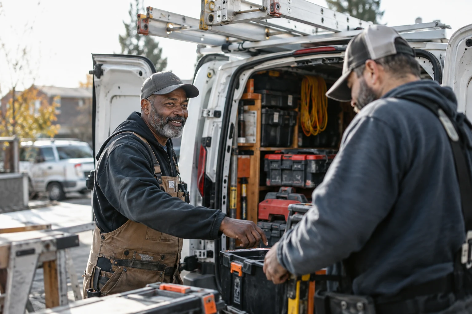 Experienced service-business owner checking equipment with an employee