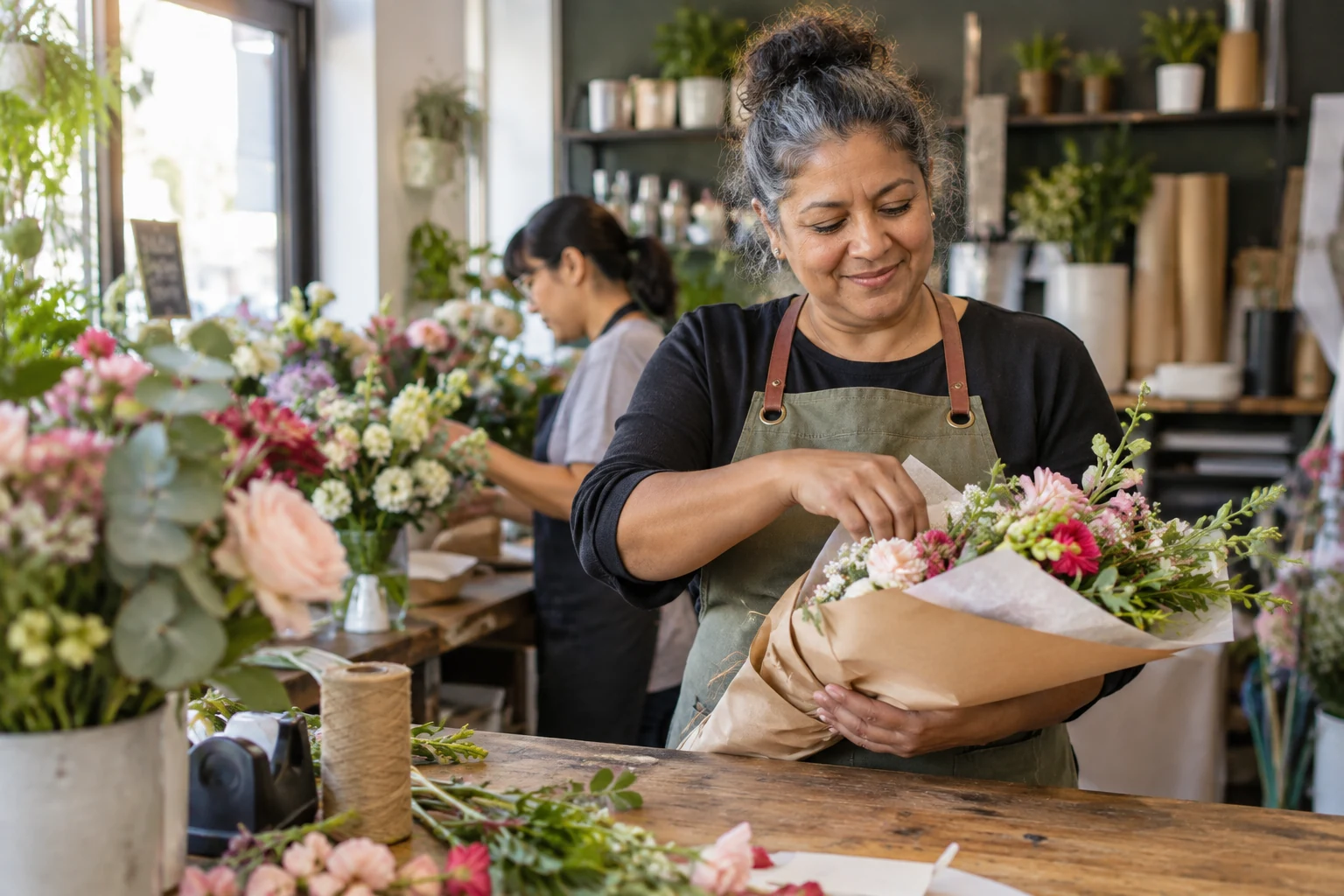 Experienced florist preparing a customer order
