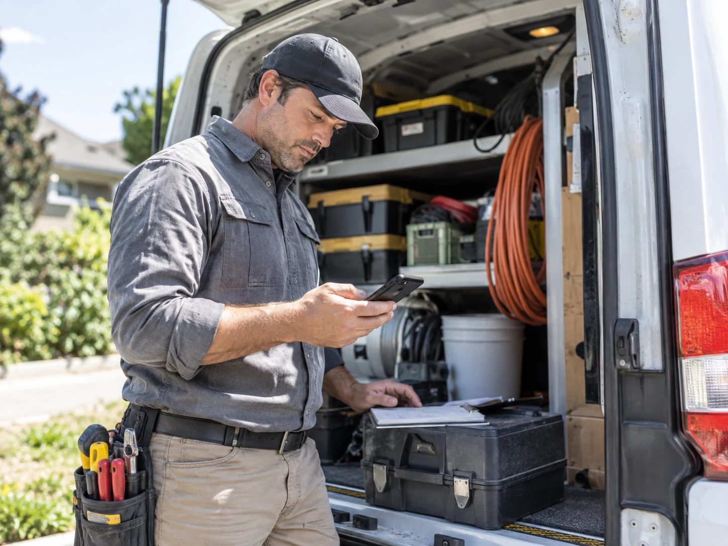 Field-service business owner checking equipment and mobile records