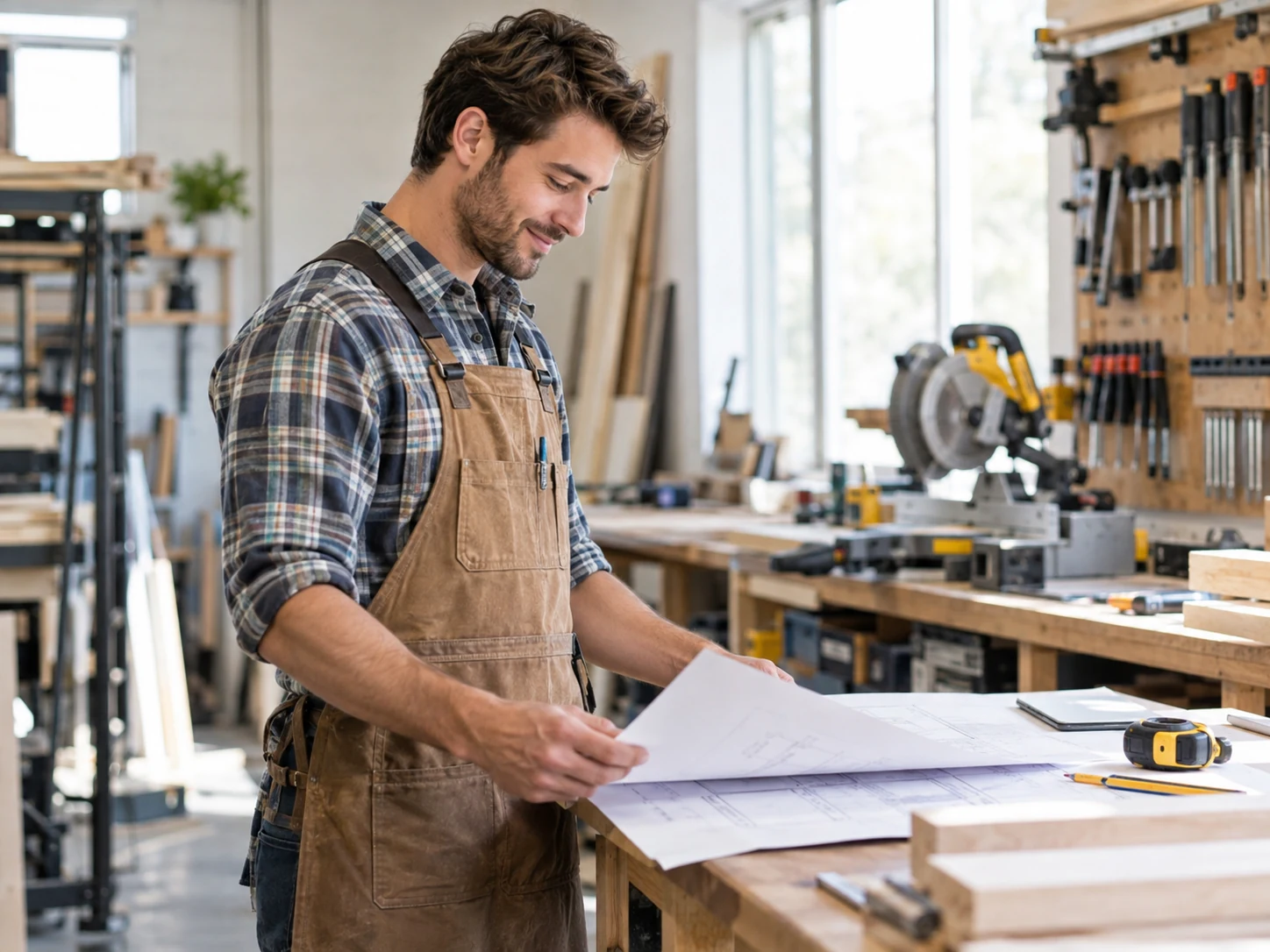 Woodworker reviewing project plans