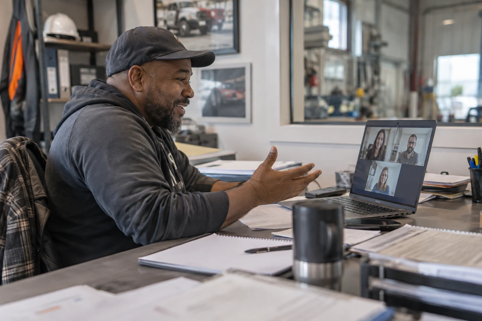 Business owner meeting with a remote accounting team by video