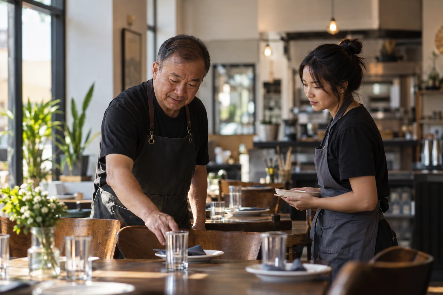 Experienced restaurant owner preparing the dining room with a staff member