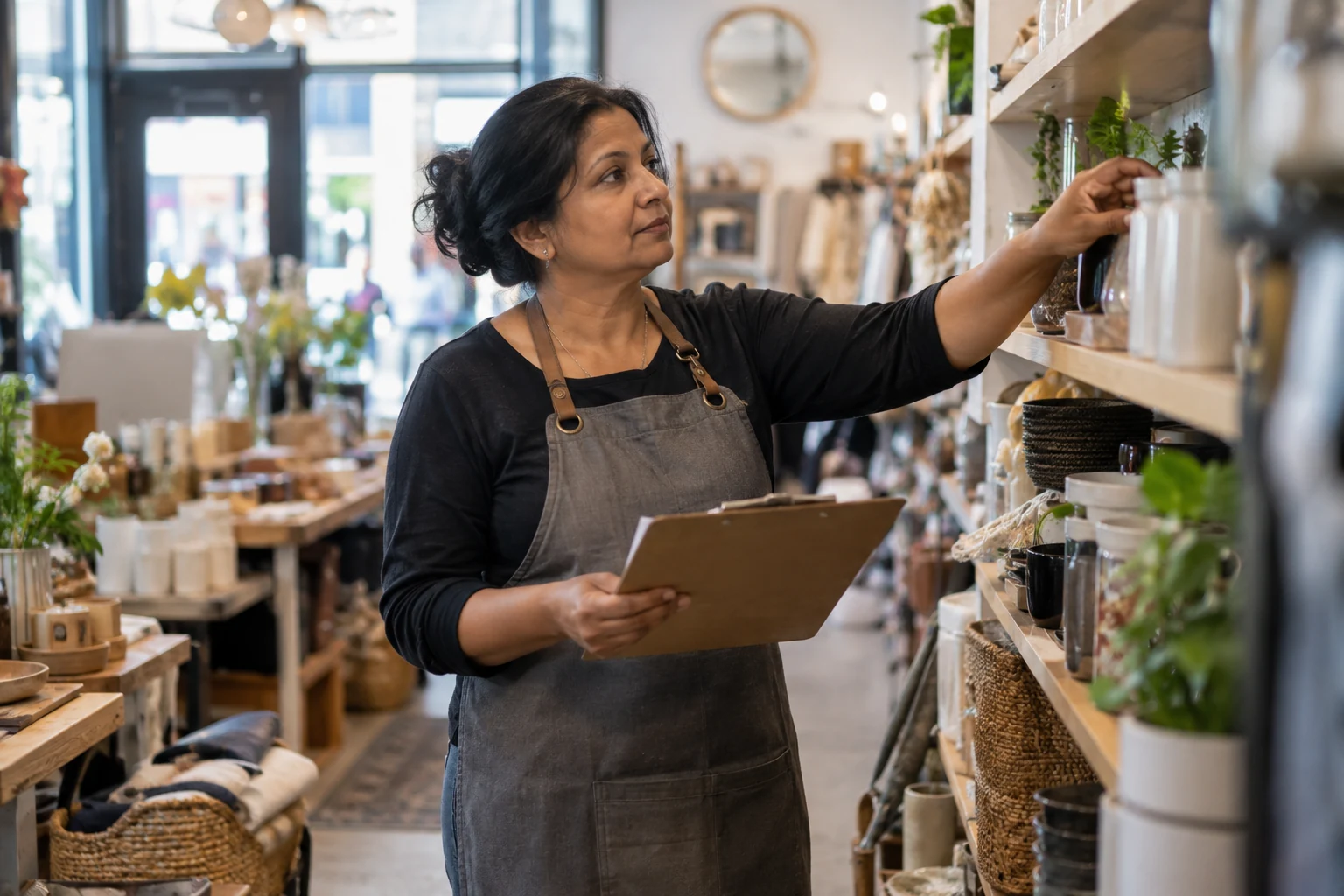Experienced retail shop owner checking inventory in her store