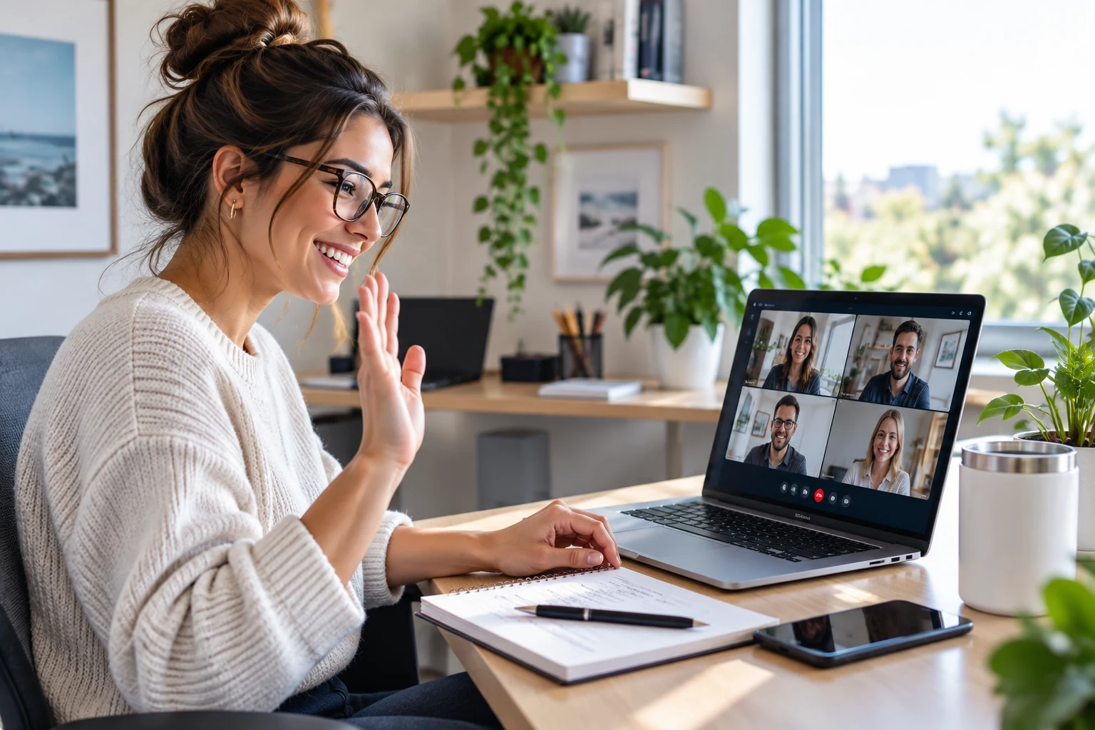 Business owner waving during a remote support meeting
