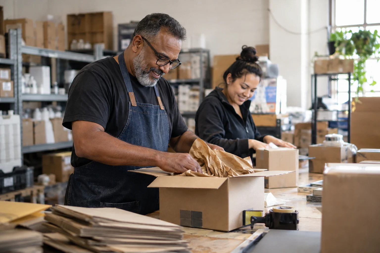Small product-business owner packing customer orders with an employee